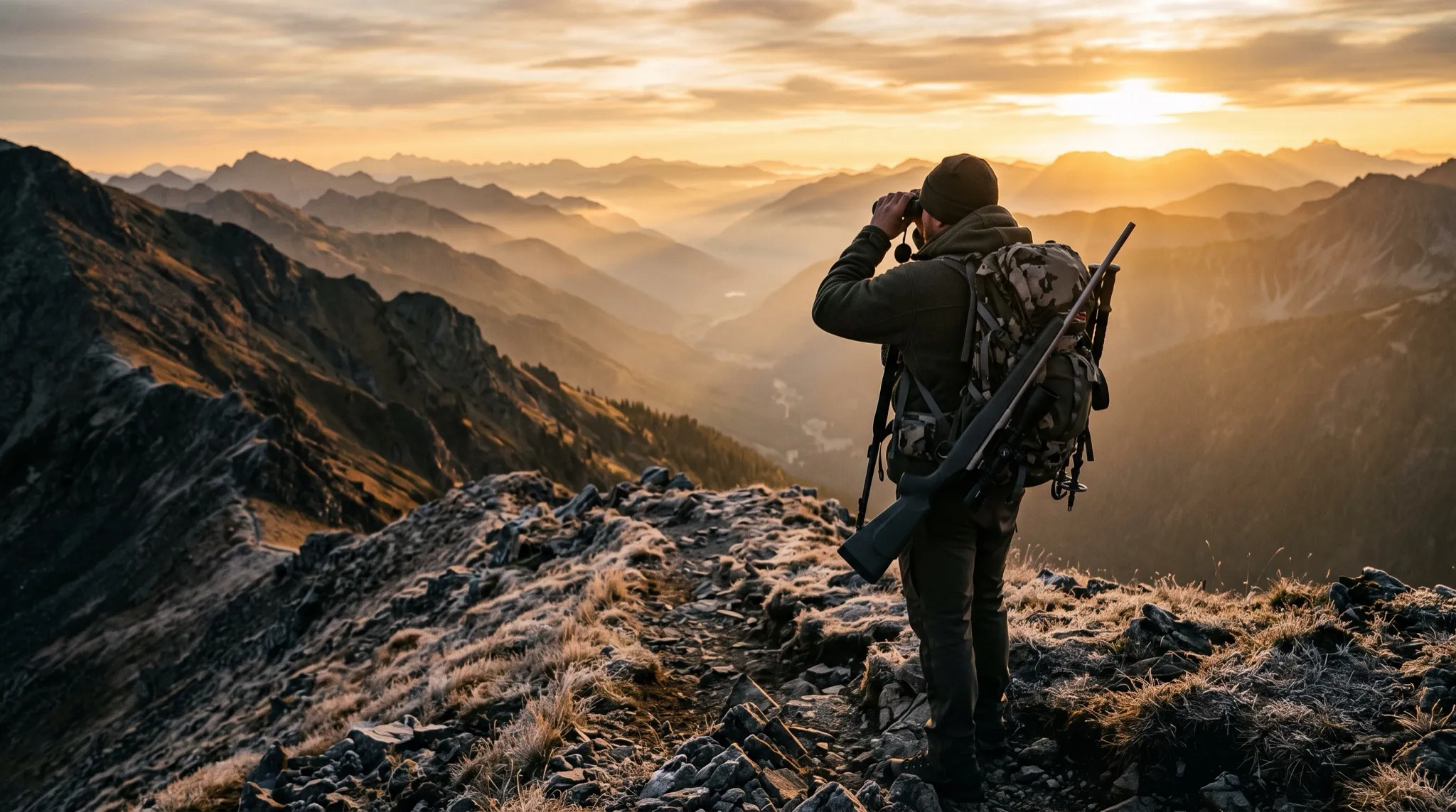 A backcountry hunter glassing a mountain valley from a high ridgeline at sunrise